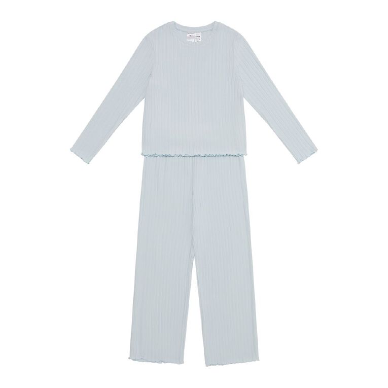 H&H Girls' Brushed Rib Long Sleeve Pyjama Set, Blue Light, hi-res
