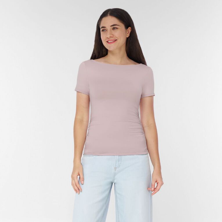 H&H Women's Short Sleeve Contour Print Boat Neck Top, Purple Light, hi-res