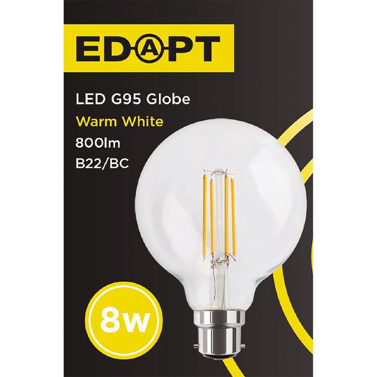 Edapt LED B22 Filament Round Light Bulb G95 8W Warm White, , hi-res