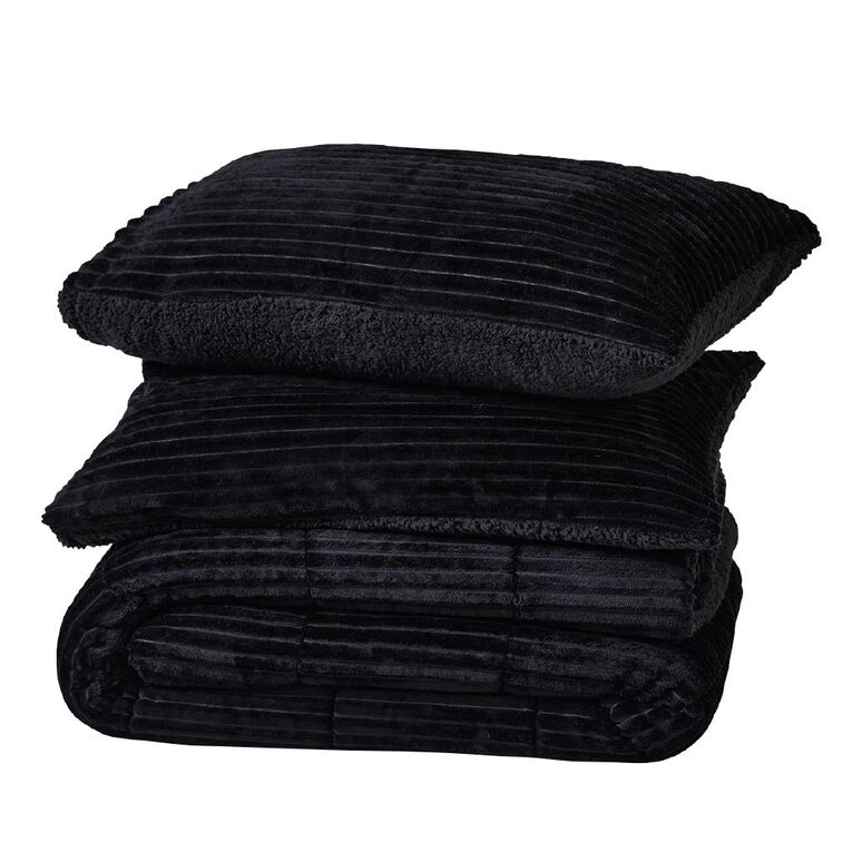 Living & Co 3 Piece Comforter Jacquard Ribbed Black Queen, , hi-res