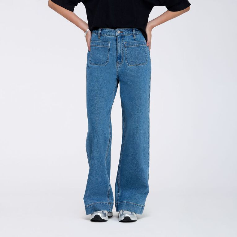 H&H Women's Patch Pocket Wide Leg Jeans, Denim Mid, hi-res