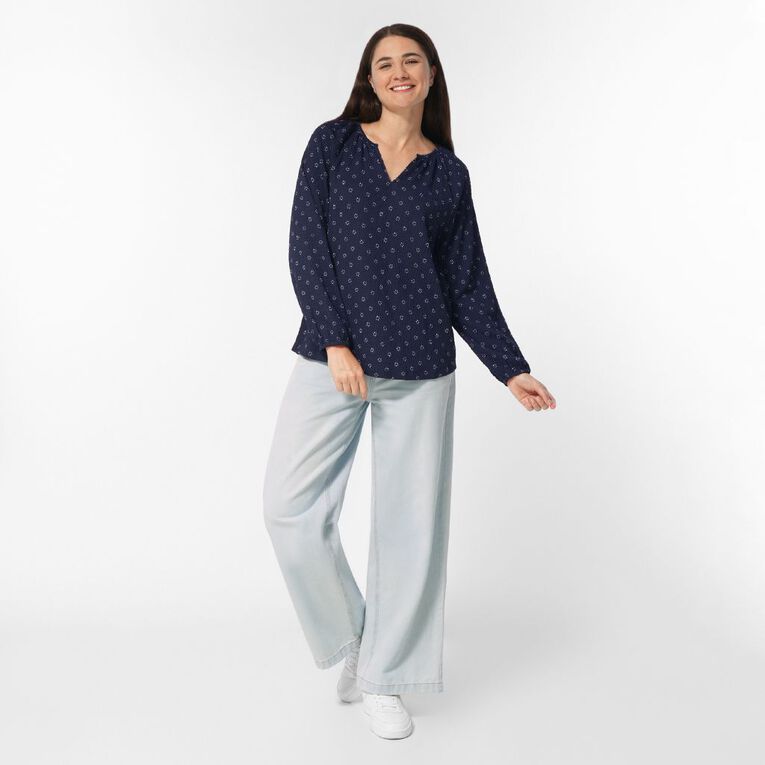 H&H Women's V Neck Gathered Top, Navy, hi-res