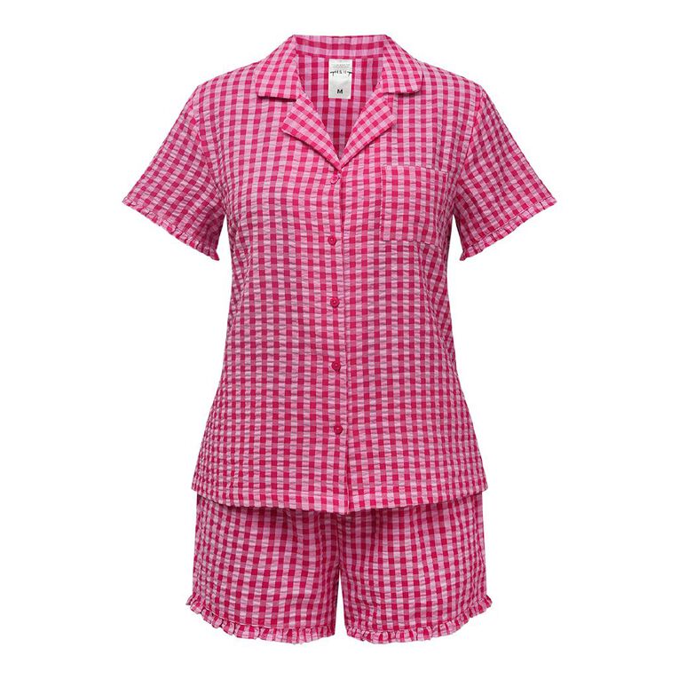 H&H Women's Seersucker Button Up Short Sleeve Pyjama Set, Pink Mid, hi-res