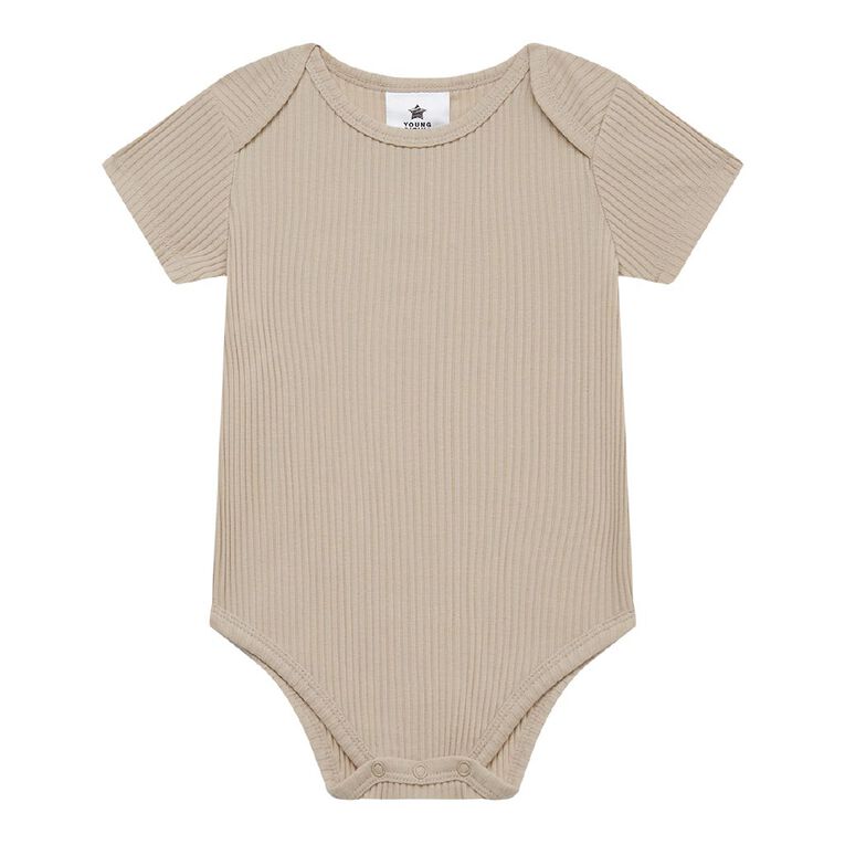 Young Original Babies' Short Sleeve Rib Bodysuit 3 Pack, Brown Light, hi-res