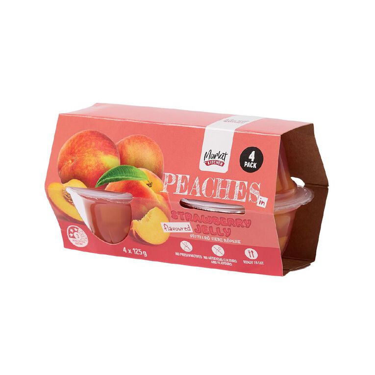 Market Kitchen Peaches in Strawberry Jelly Cup 125g 4 pack, , hi-res