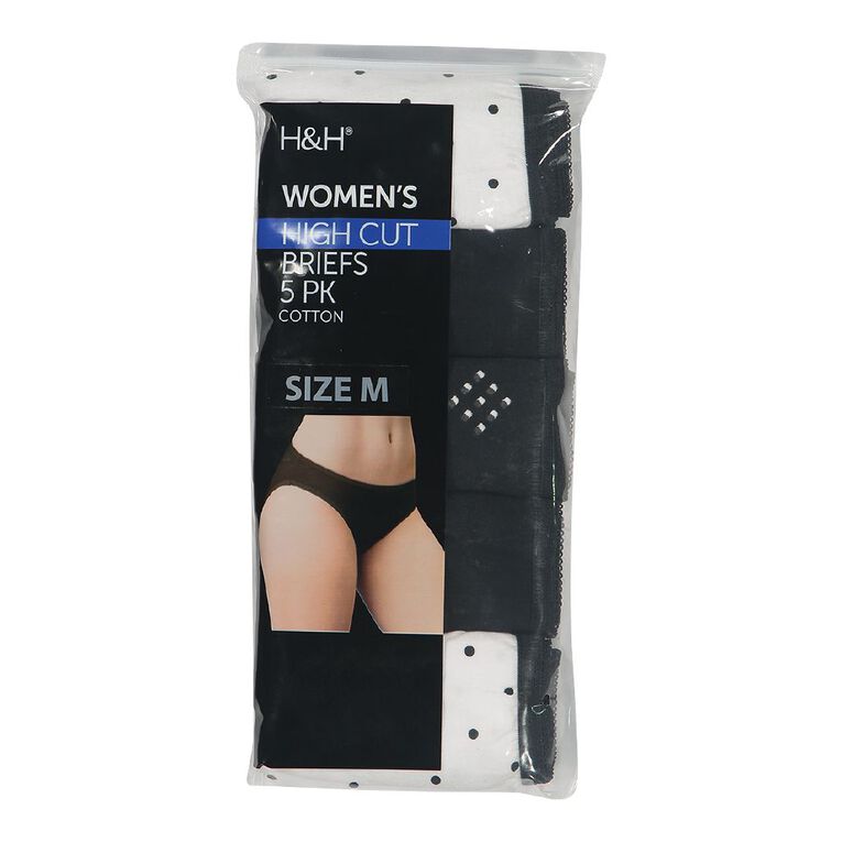 H&H Women's Cotton Hi-cut Briefs 5 Pack, Black/White, hi-res