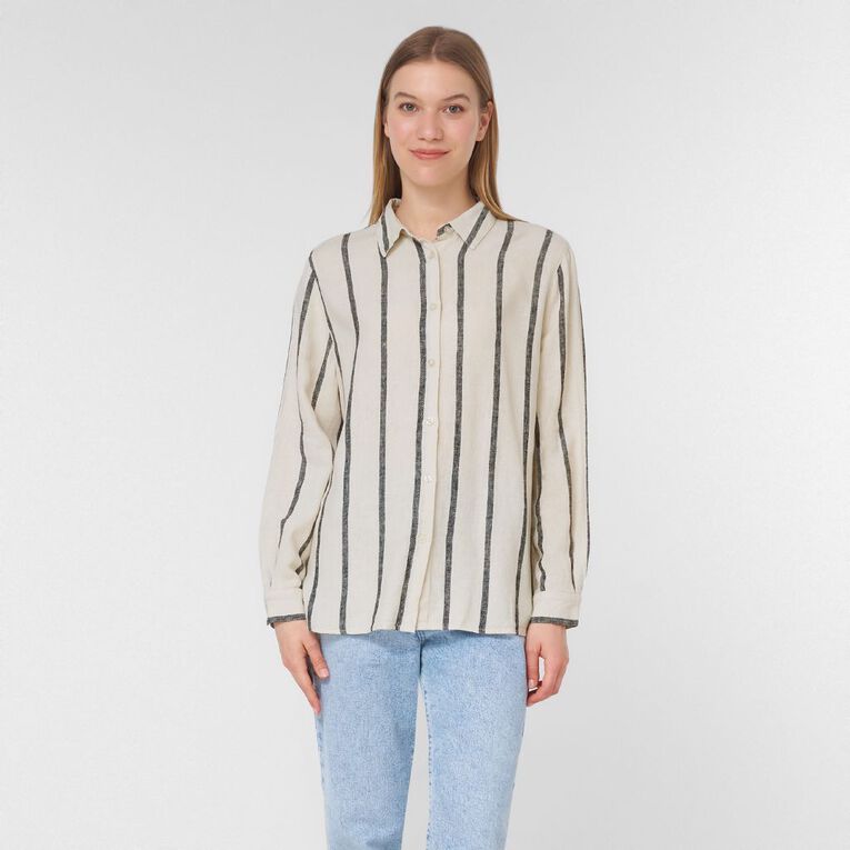 H&H Women's Long Sleeve Linen Blend Shirt, Natural, hi-res