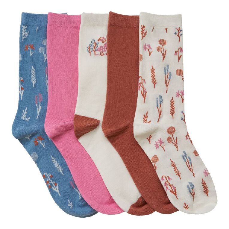 H&H Girls' Jacquard Crew Socks 5 Pack, Cream, hi-res