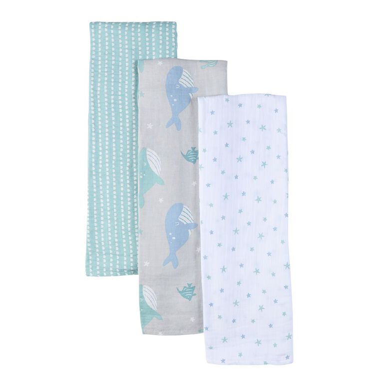 Babywise Muslin Wrap 3 Pack Whale, , hi-res