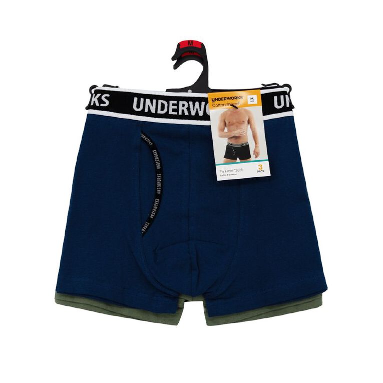 Underworks Men's Fly Front Trunks 3 Pack, Black/Blue, hi-res