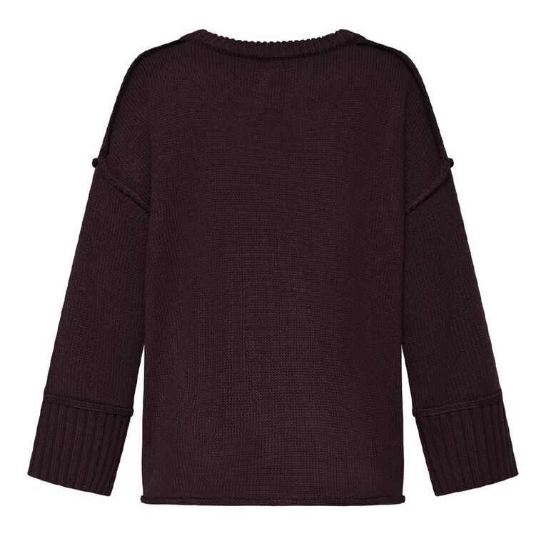 H&H Women's Long Chunky Knit With Contrast Stitch, Purple Dark, hi-res