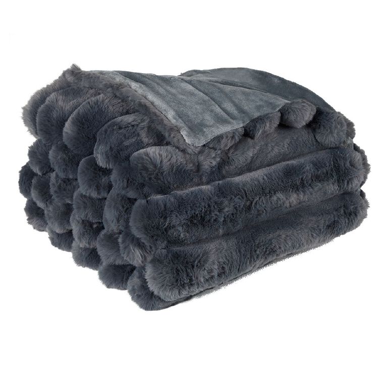 Maison d'Or Faux Fur Ribbed Blanket Grey Queen, , hi-res