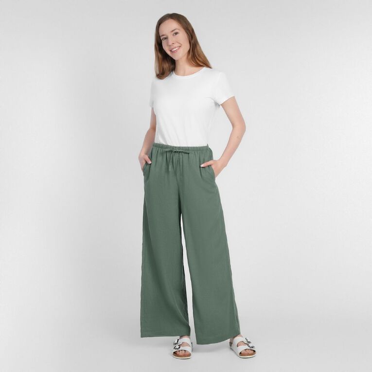 H&H Women's Tie Waist Linen Blend Pants, Green Dark, hi-res