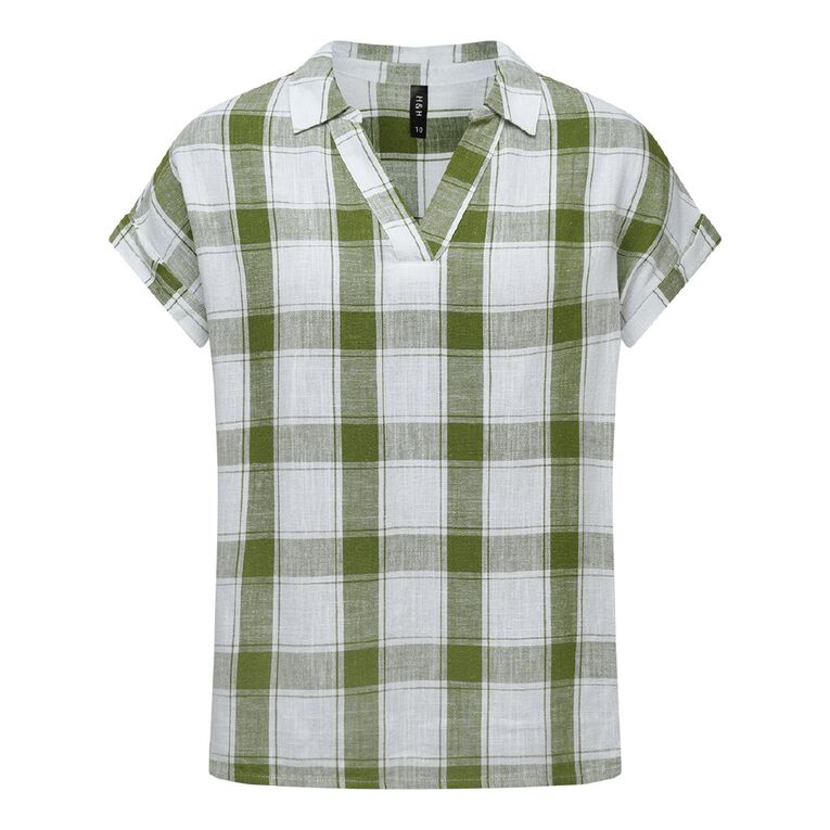 H&H Women's Short Roll Sleeve Linen Blend Blouse, Green, hi-res