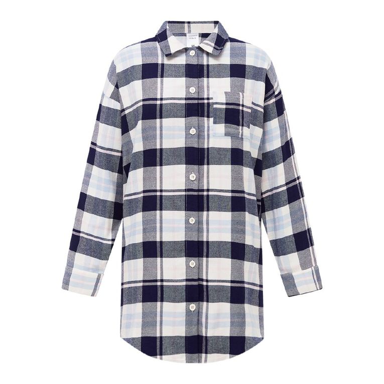 H&H Women's Flannelette Boyfriend Nightie, Blue Dark, hi-res