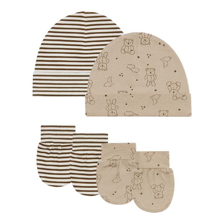 Young Original Babies' Beanie and Mittens Set, Brown Light, hi-res