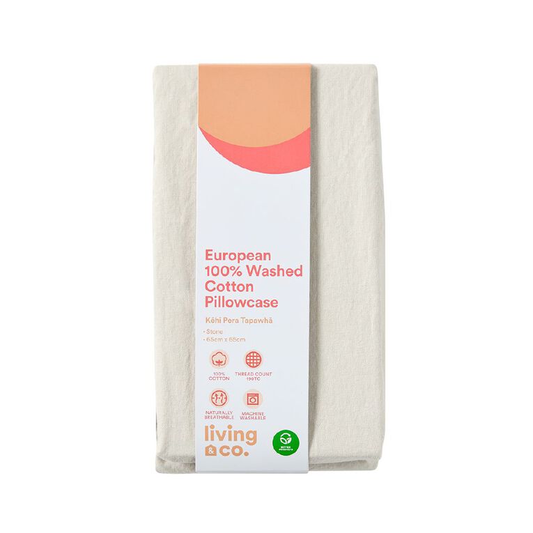 Living & Co 100% Washed Cotton Euro Pillowcase Natural One Size, , hi-res
