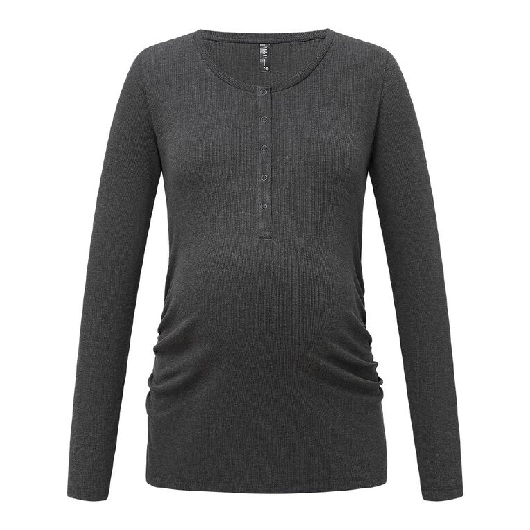 H&H Maternity Maternity Long Sleeve Nursing Friendly Rib Henley, Charcoal/Marle, hi-res