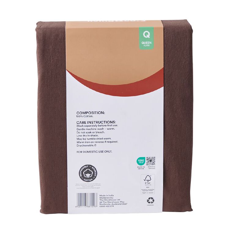 Living & Co 100% Washed Cotton Sheet Set Brown Mid Queen, , hi-res