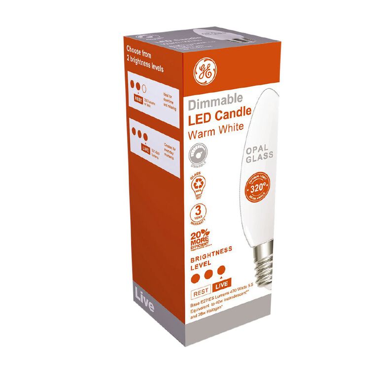 General Electric E27 LED Dimmable Candle 4.8W Warm Light Bulb White, , hi-res