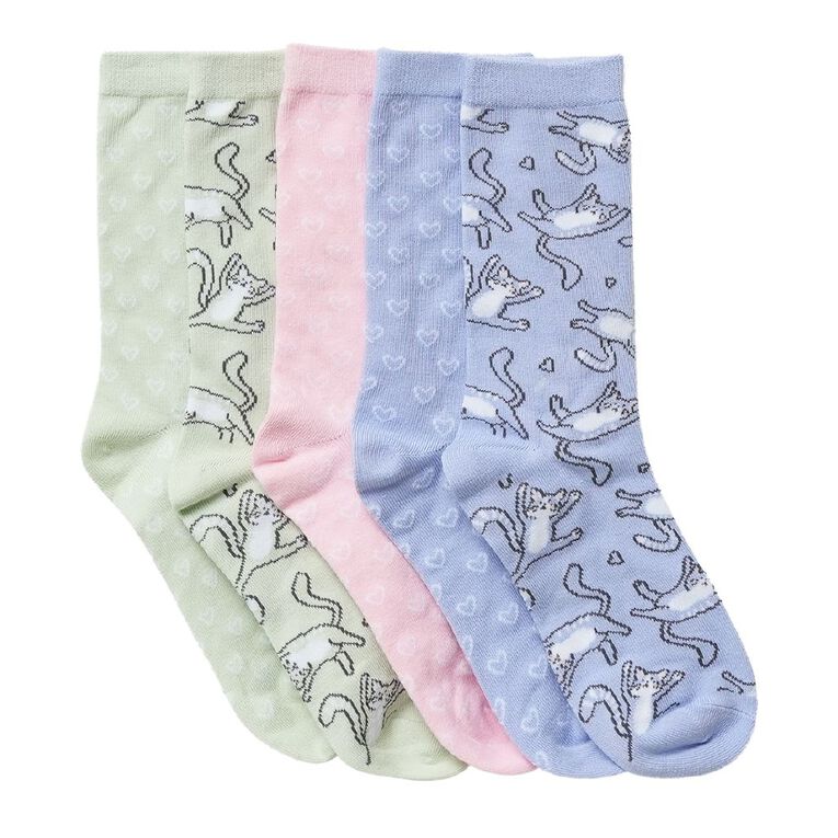 H&H Girls' Jacquard Crew Socks 2 Pack, Blue CATS, hi-res