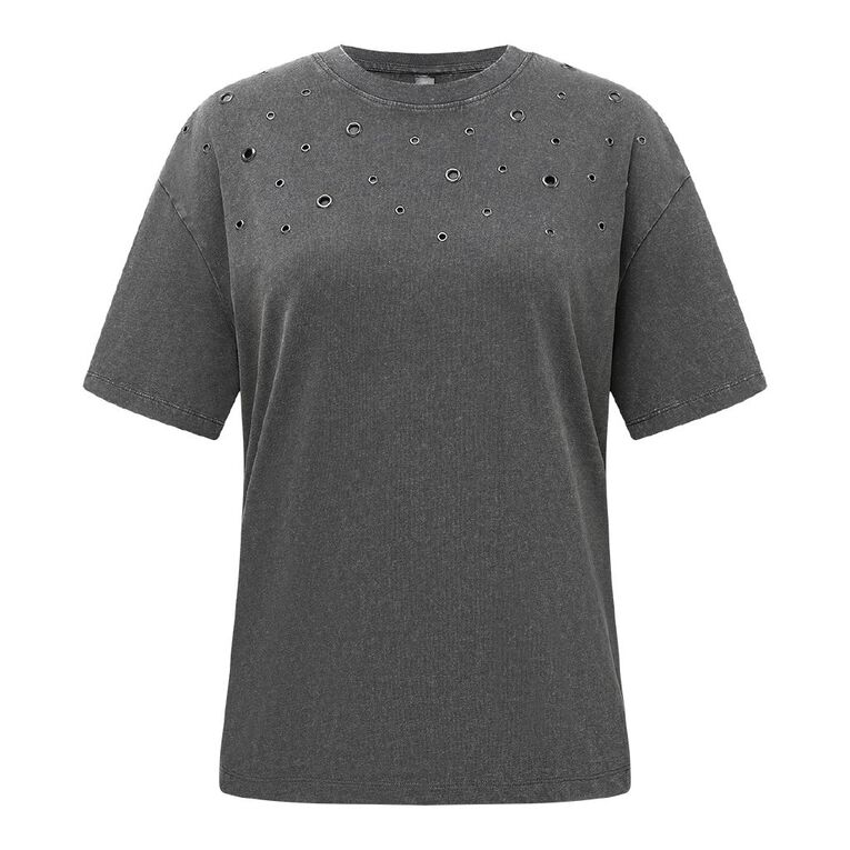 H&H Women's Short Sleeve Elevated Embellished Neckline Tee, Grey Dark, hi-res