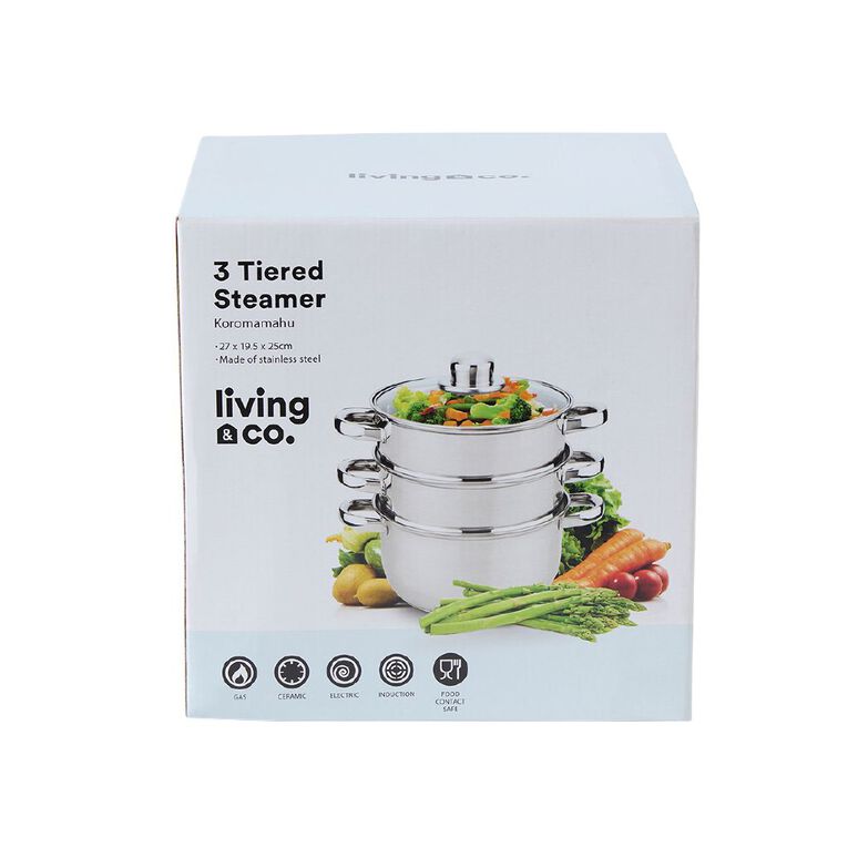 Living & Co 3 Tiered Steamer Stainless Steel 20cm, , hi-res