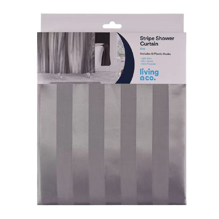 Living & Co Shower Curtain Stripe Grey Light 180cm x 180cm, , hi-res