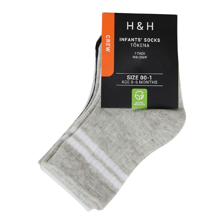 H&H Infants' Grib Rib Crew Socks 7 Pack, Black, hi-res