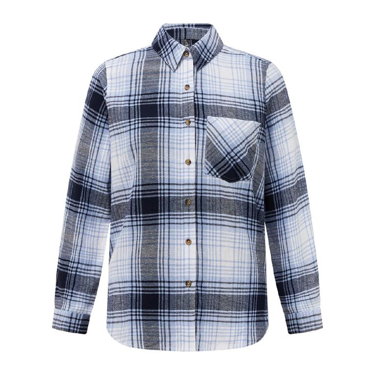 H&H Women's Long Sleeve Flannel Check Shirt, Blue Dark, hi-res