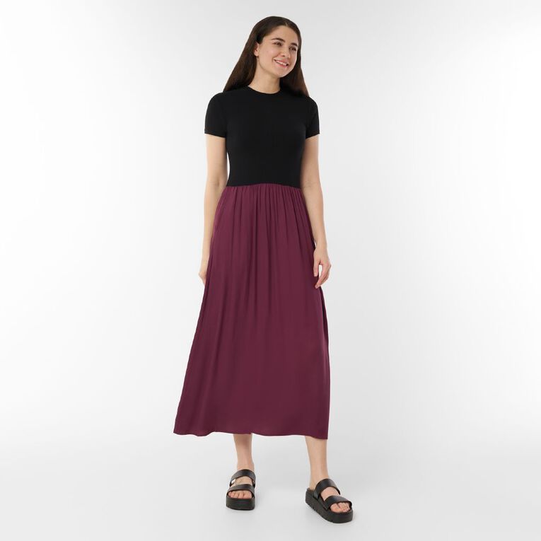 H&H Women's Short Sleeve Ribbed Bodice Midaxi, Red Dark, hi-res