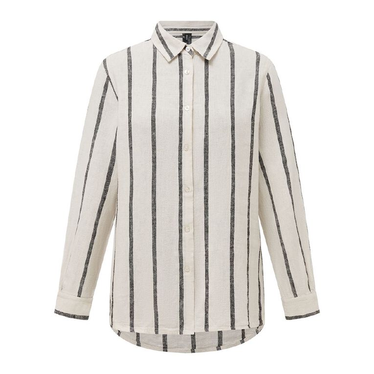 H&H Women's Long Sleeve Linen Blend Shirt, Natural, hi-res