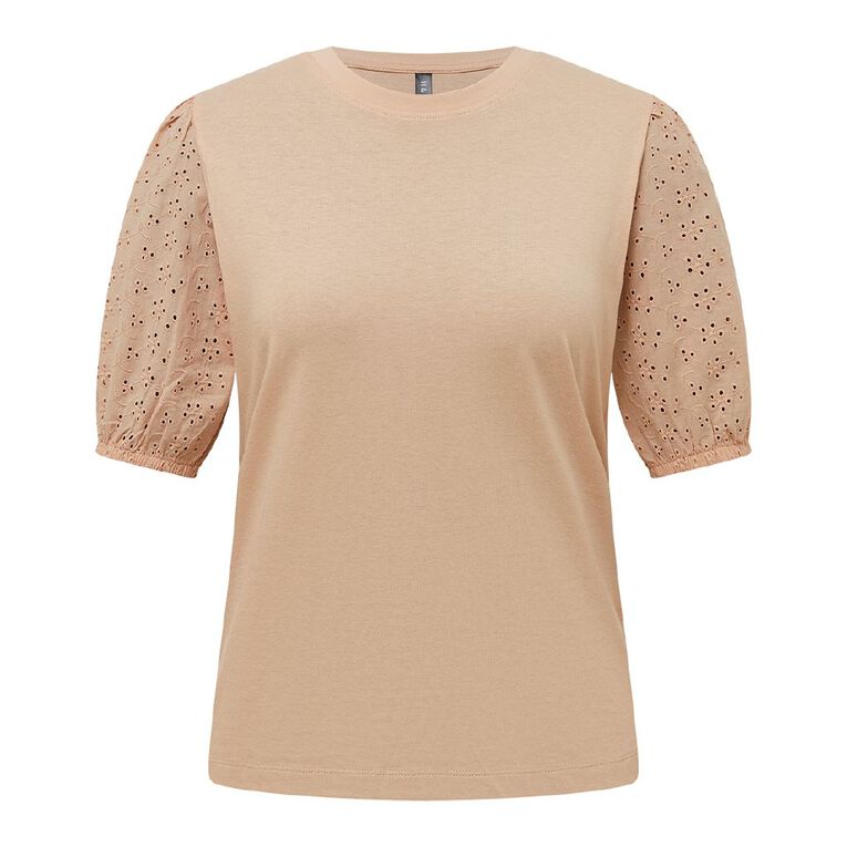 H&H Women's Broderie Sleeve Tee, Pink Light, hi-res