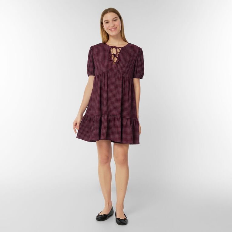 H&H Women's Tie Front Tiered Dress Mini, Red Dark, hi-res
