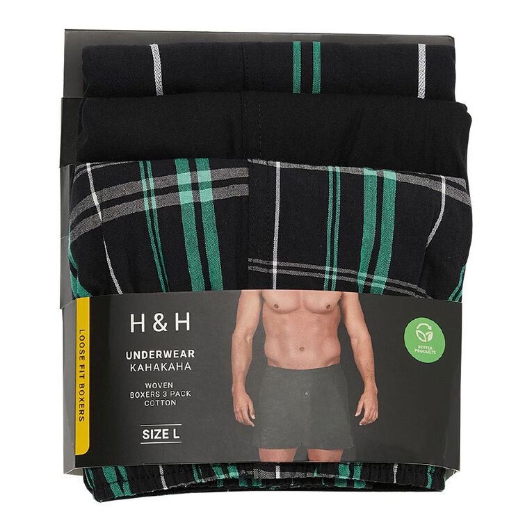 H&H Men's Woven Boxers 3 Pack, Black/Green, hi-res