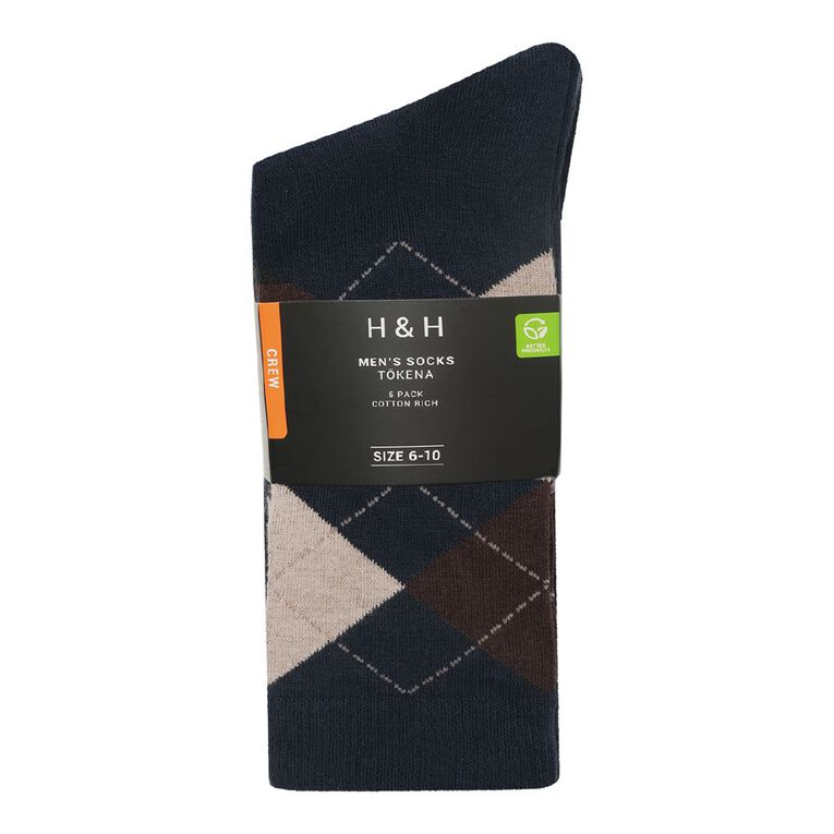 H&H Men's Business Crew Patterned Socks 5 Pack, Navy, hi-res