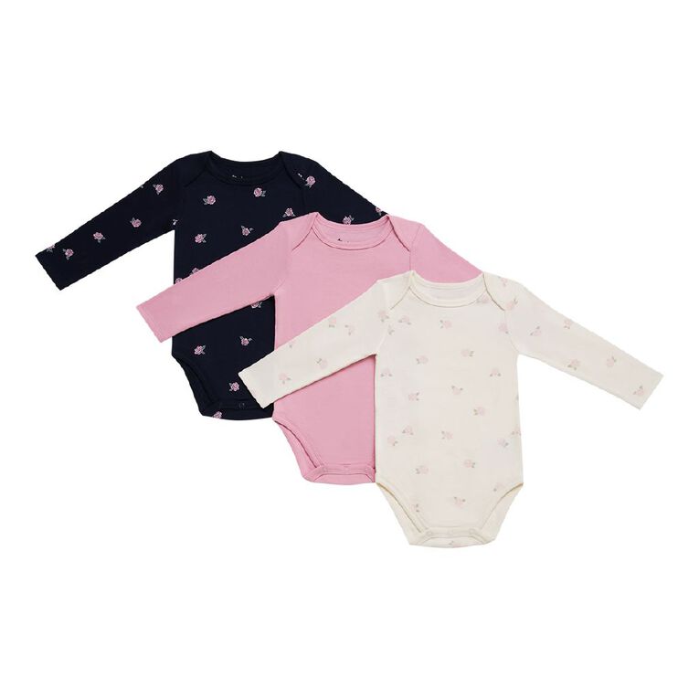 Young Original Babies' Long Sleeve Printed Bodysuit 3 Pack, Pink Light, hi-res