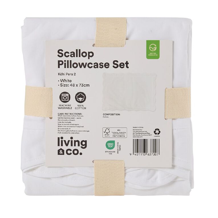 Living & Co 100% Cotton Scallop 2 Pack Pillowcase White 48cm x 73cm, , hi-res