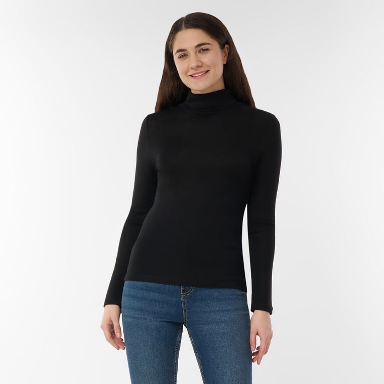 H&H Women's Merino Blend Roll Neck Top, Black, hi-res