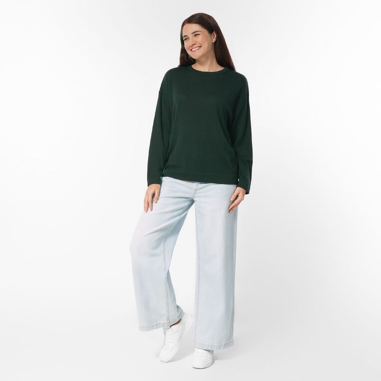 H&H Women's Merino Blend Crew Neck Knit, Green Dark, hi-res