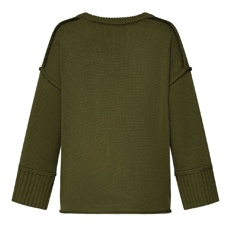 H&H Women's Long Chunky Knit With Contrast Stitch, Green Mid, hi-res
