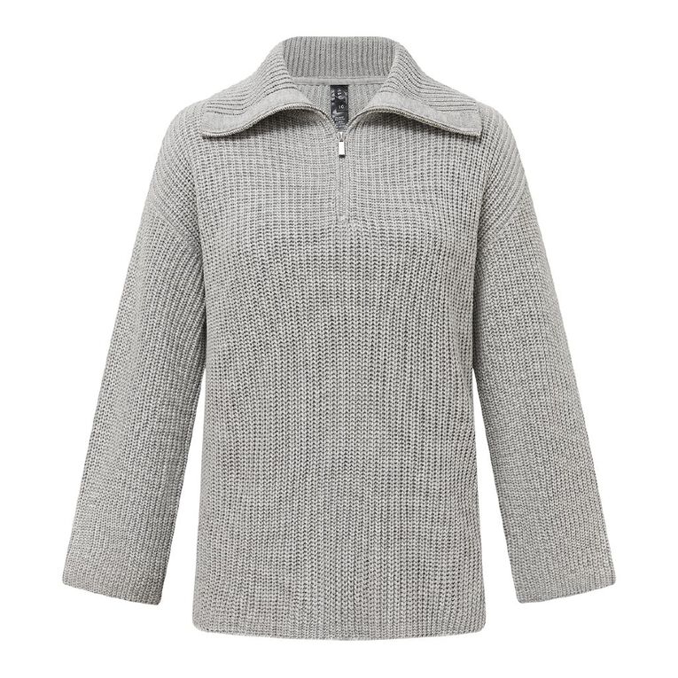 H&H Women's Quarter Zip Rib Knit Jumper, Grey Marle, hi-res