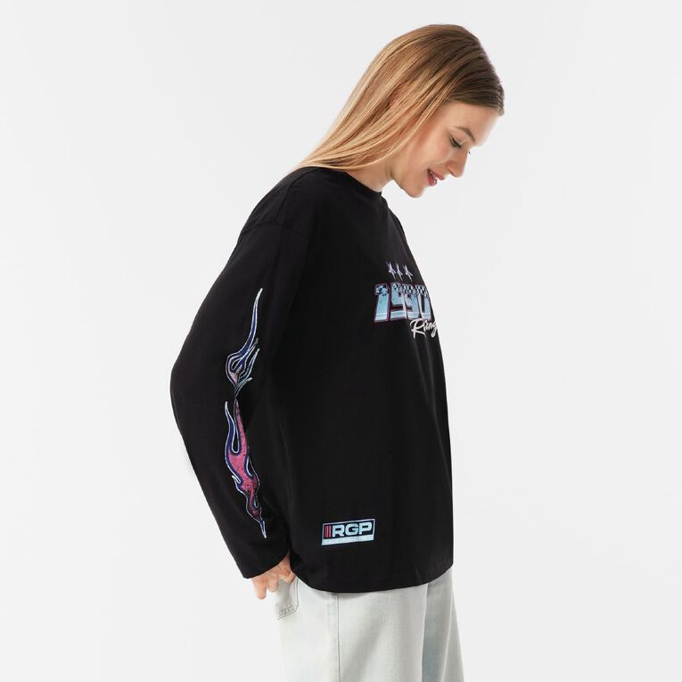 H&H Women's Long Sleeve Graphic Print Tee, Black, hi-res