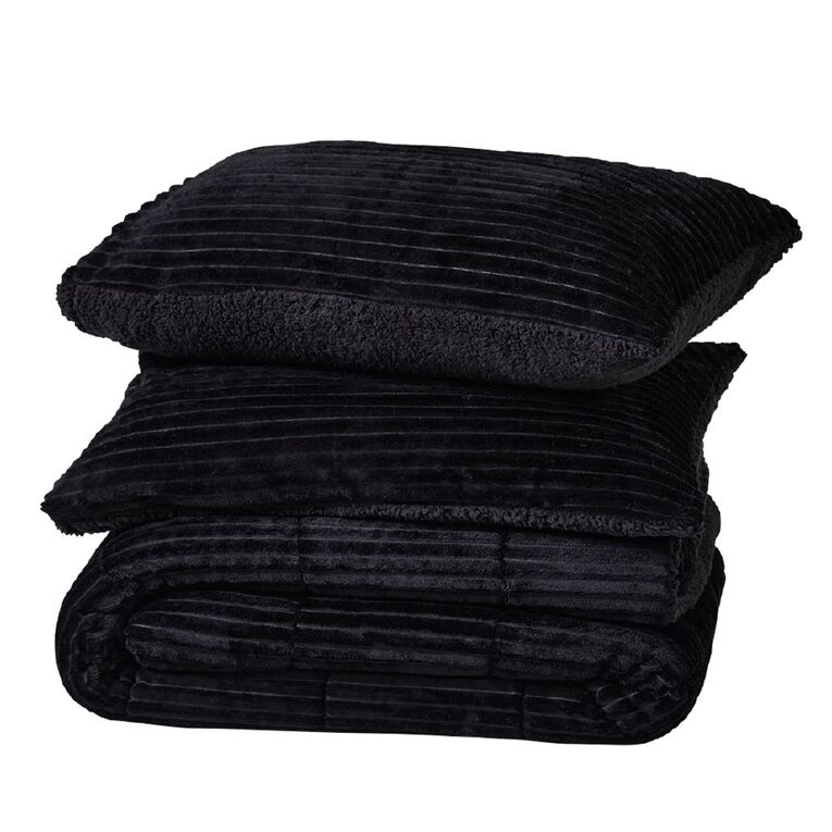 Living & Co 3 Piece Comforter Jacquard Ribbed Black Super King, , hi-res