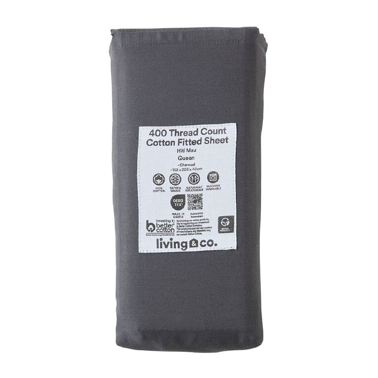 Living & Co 4OOTC Sateen Fitted Sheet Charcoal King, Charcoal, hi-res