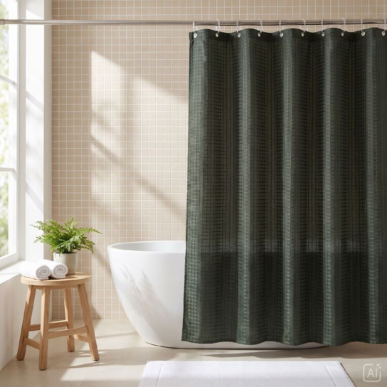 Living & Co Shower Curtain Woven Waffle Green 180cm x 180cm, , hi-res
