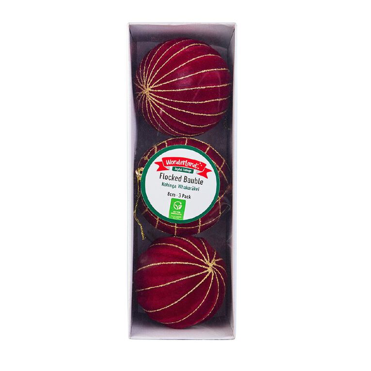 Wonderland Joyful Tidings Flocked Christmas Baubles 8cm Assorted 3 Pack, , hi-res