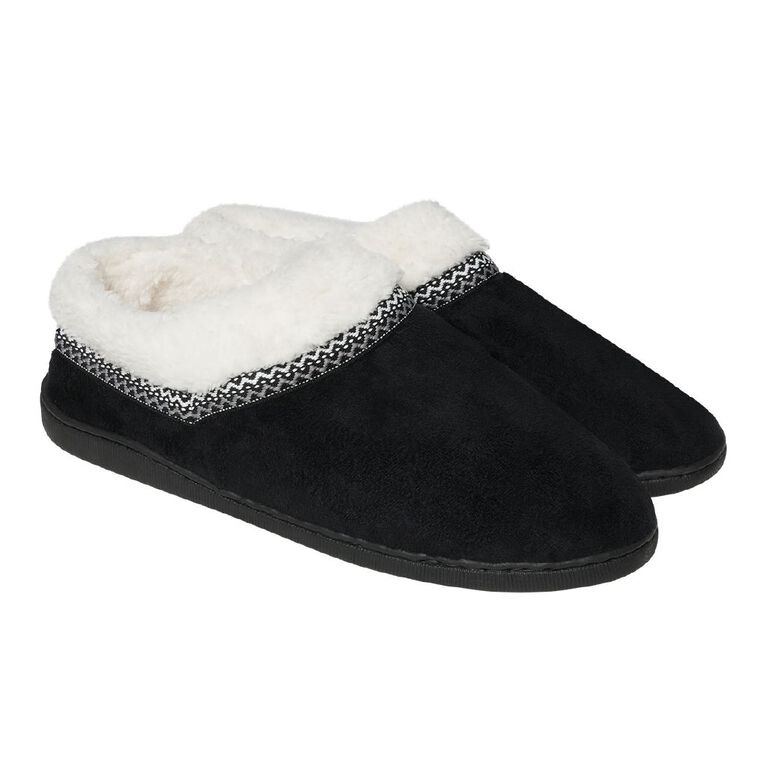 H&H Men's Faux Fur Trim Slippers, Black/White, hi-res