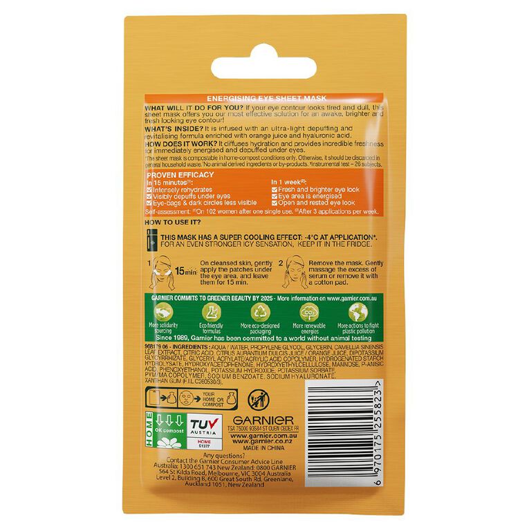 Garnier Hydra Bomb Orange Juice & Hyaluronic Acid Eye Tissue Mask, , hi-res
