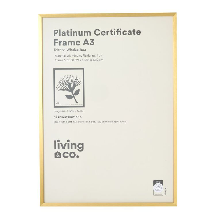 Living & Co Platinum Metal Certificate Frame Gold A3, , hi-res